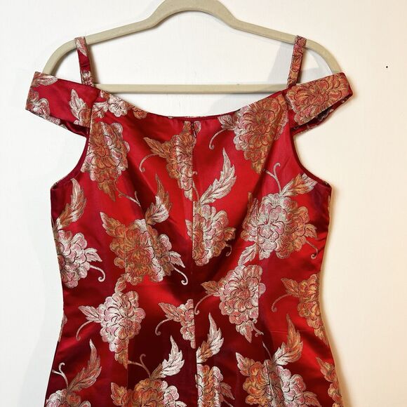 David Meister Red Gold Metallic Jacquard Off Shoulder Cocktail Dress Sz 10 - Picture 5 of 11